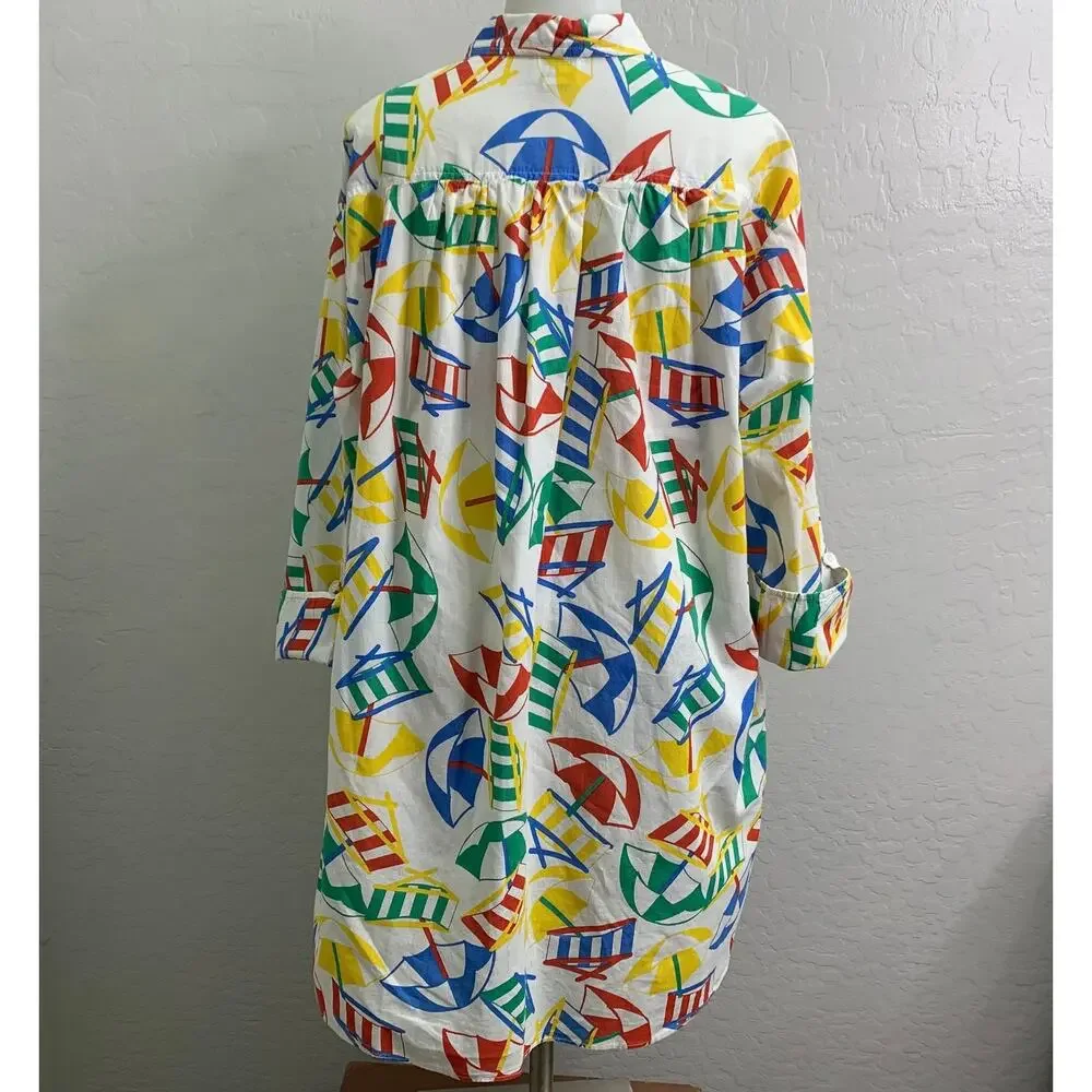 VTG Lesile Fay O/S 80s Swim Cover Up Button Up Shirt Dress Umbrella Beach Chair